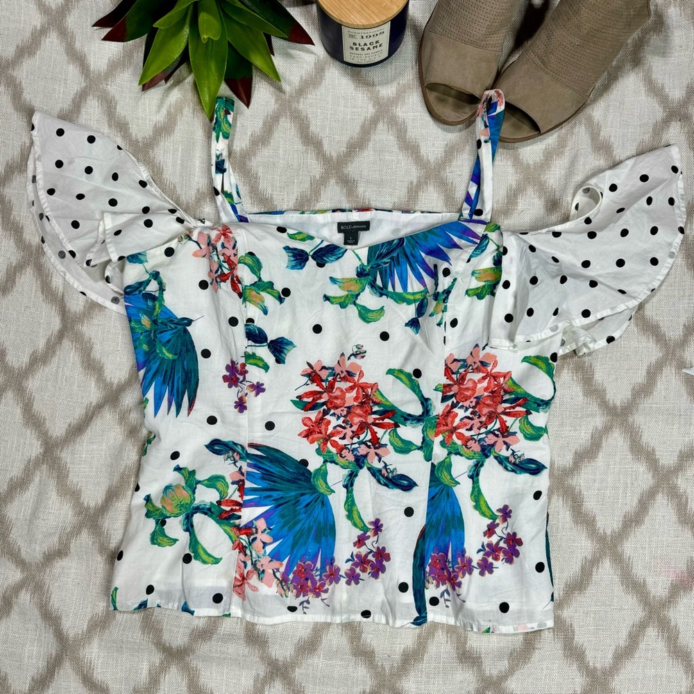 Off Shoulder Floral Polka Dot Peplum Blouse Ruffle Top Size L - Picture 2 of 9